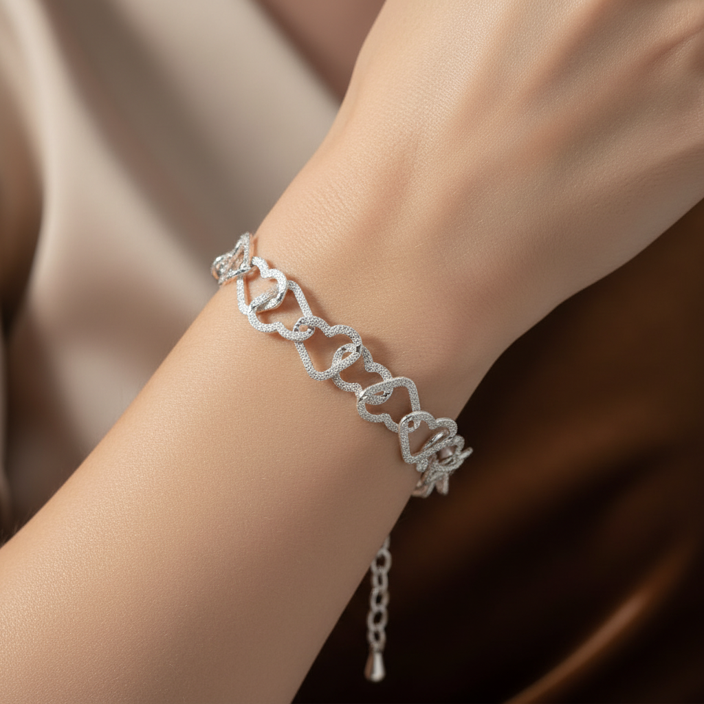 Silver Heart Link Bracelet - On Model Wrist