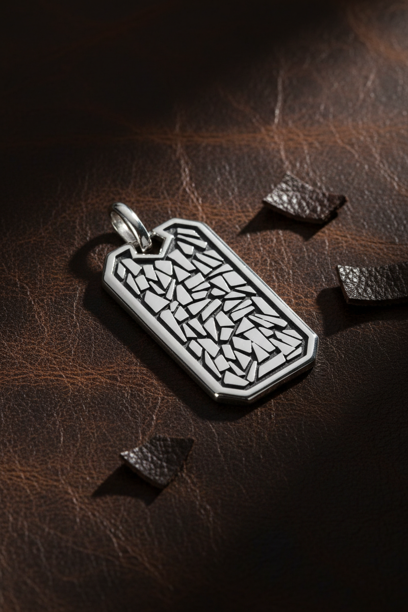 Silver Mosaic Dog Tag Pendant - Dark Leather