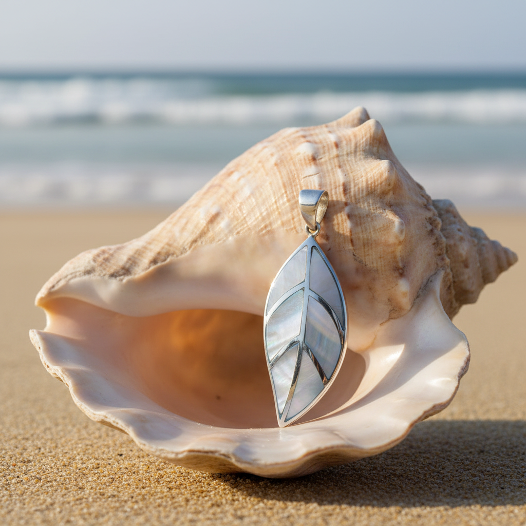 Silver Mother of Pearl Leaf Pendant - Beach Shell