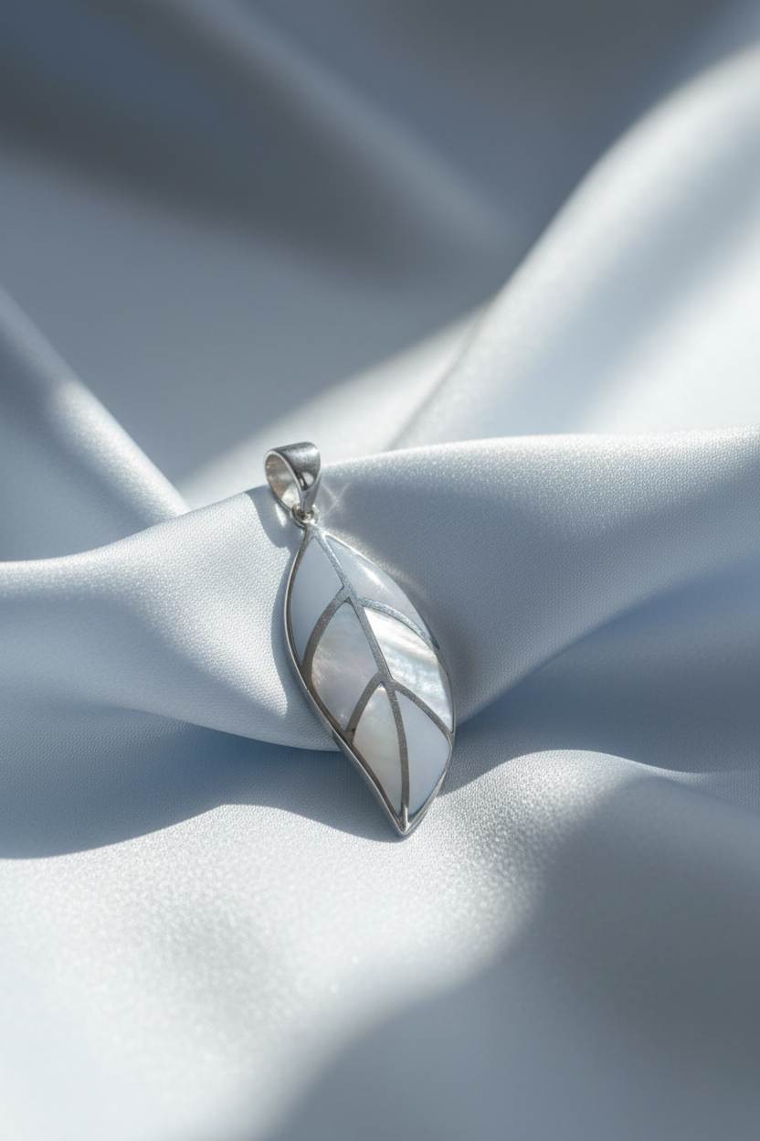 Silver Mother of Pearl Leaf Pendant - Silk