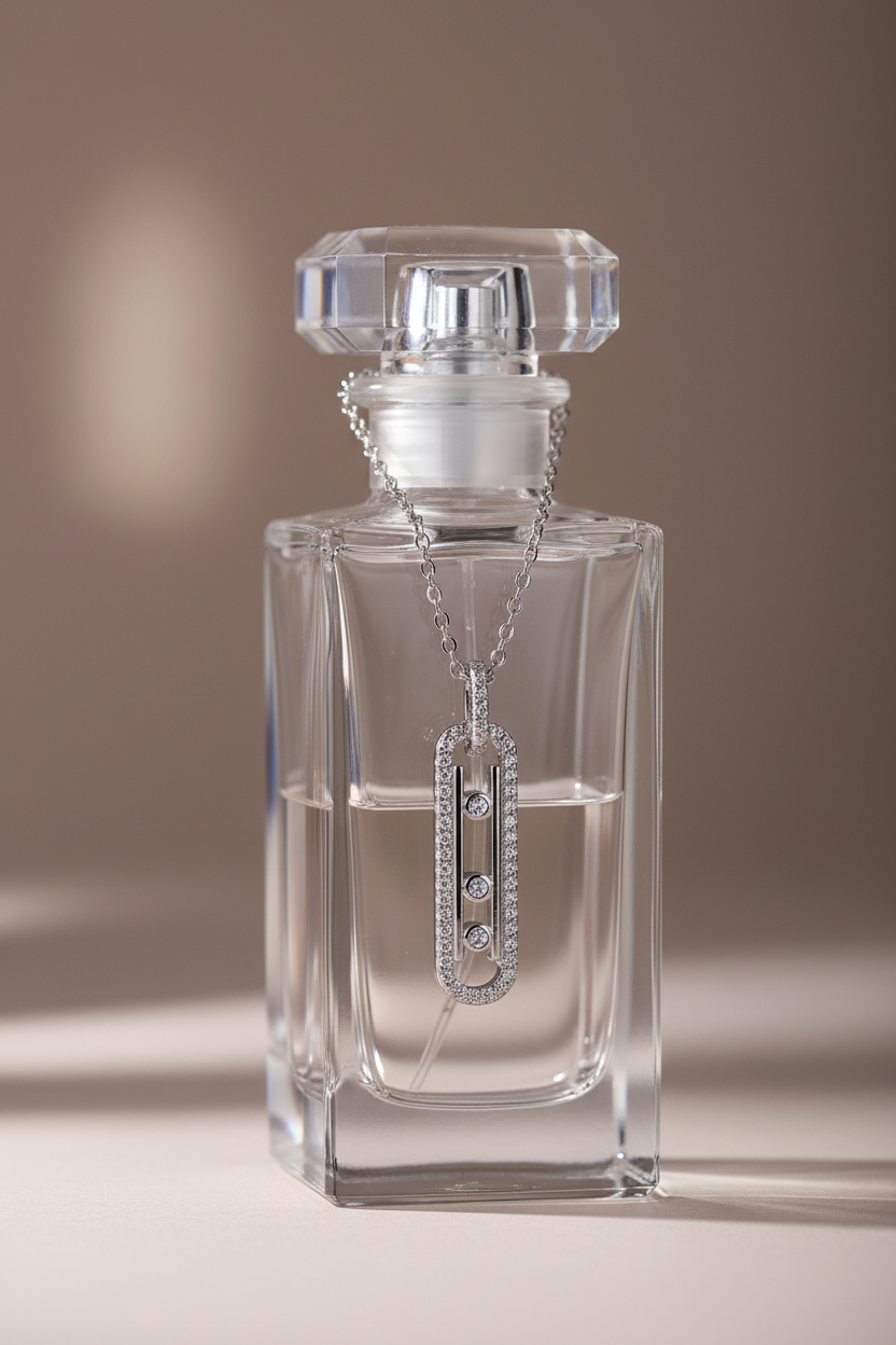 Silver Sliding CZ Bar Pendant - Glass Perfume Bottle