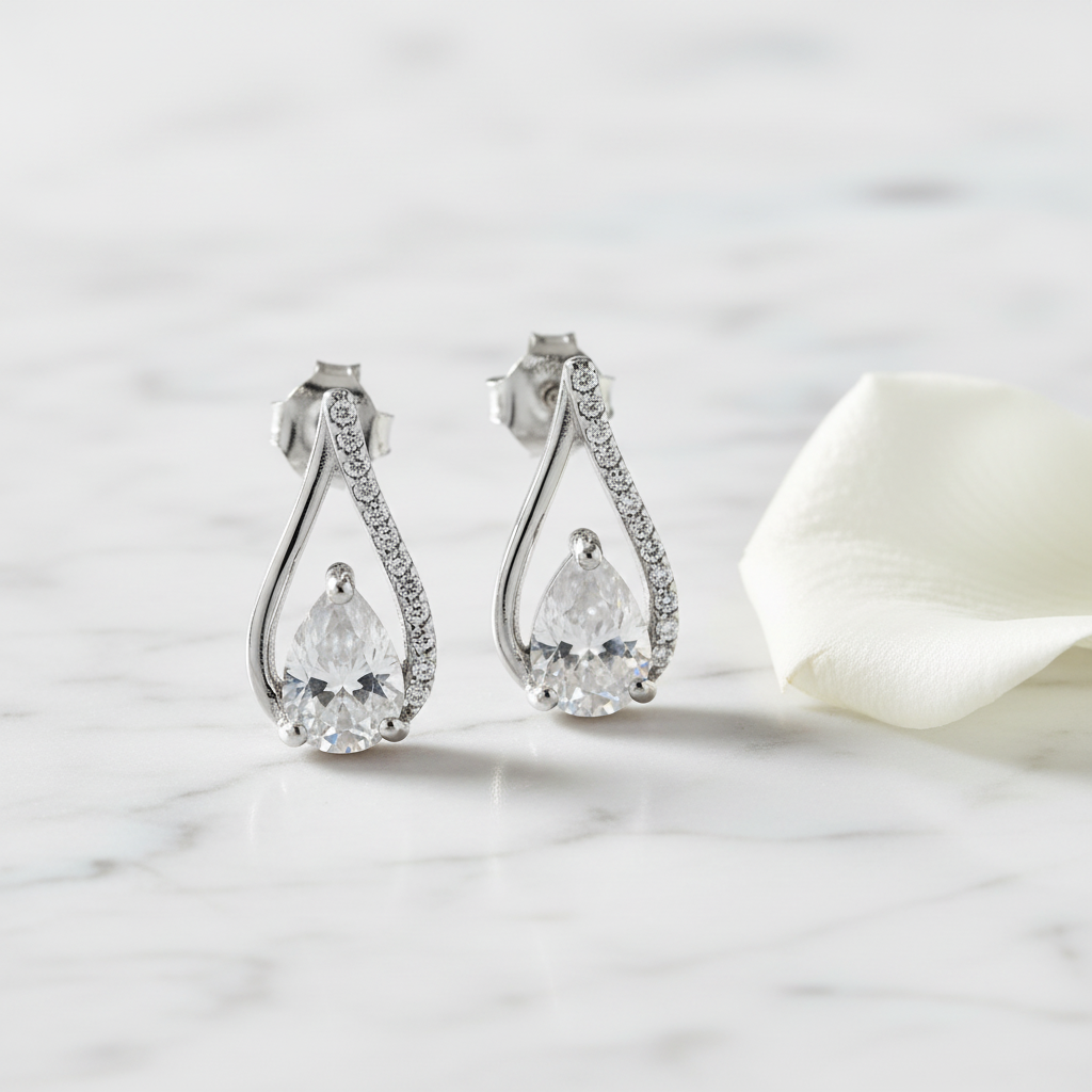 Silver Teardrop CZ Earrings - Elegant