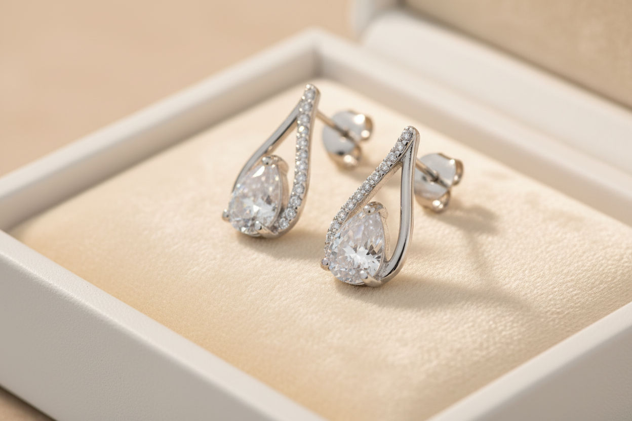 Silver Teardrop CZ Earrings - Jewellery Display Tray