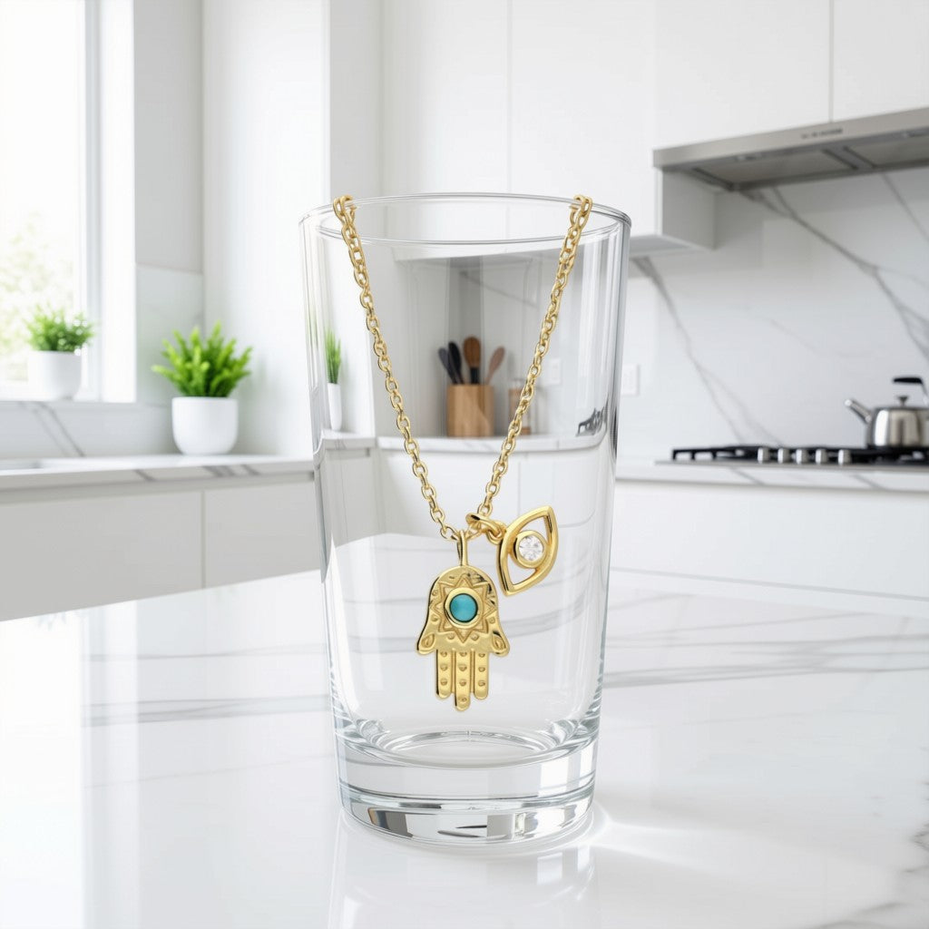 Dainty Hamsa Hand & Evil Eye Necklace